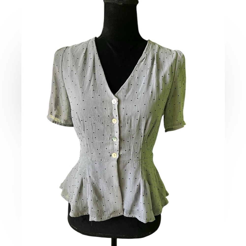All:Row Gray Polka Dot Short Sleeve Peplum Blouse‎ Top Button Front Small